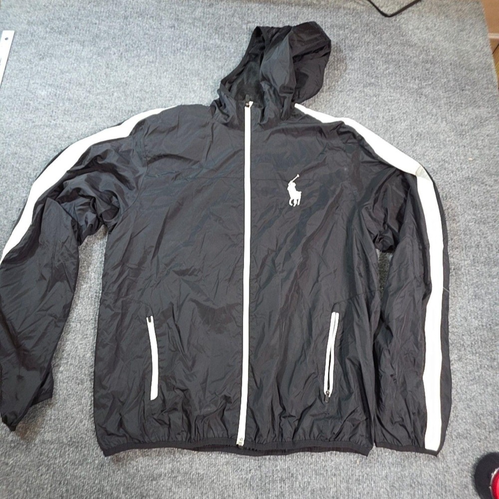 Polo Ralph Lauren Sport Jacket Mens Large Black Hooded Windbreaker Full Zip